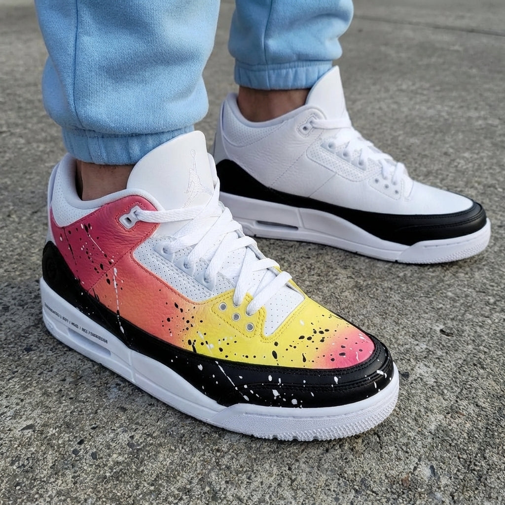 Custom AJ 3s Shoes Gradient Paint Splatter Pink Yellow Black