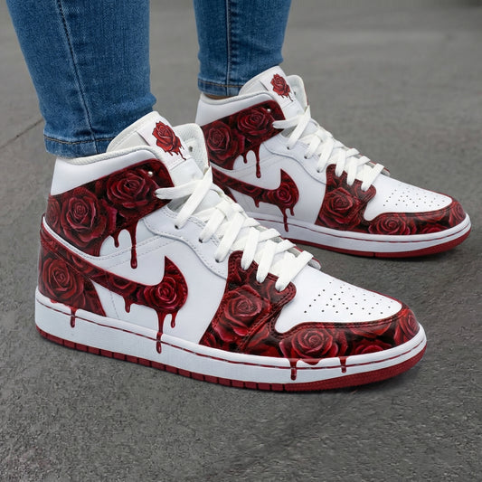 Custom Air Jordan 1 Shoes Rose Pattern Red White