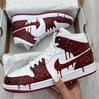Custom Air Jordan 1 Shoes Rose Pattern Red White