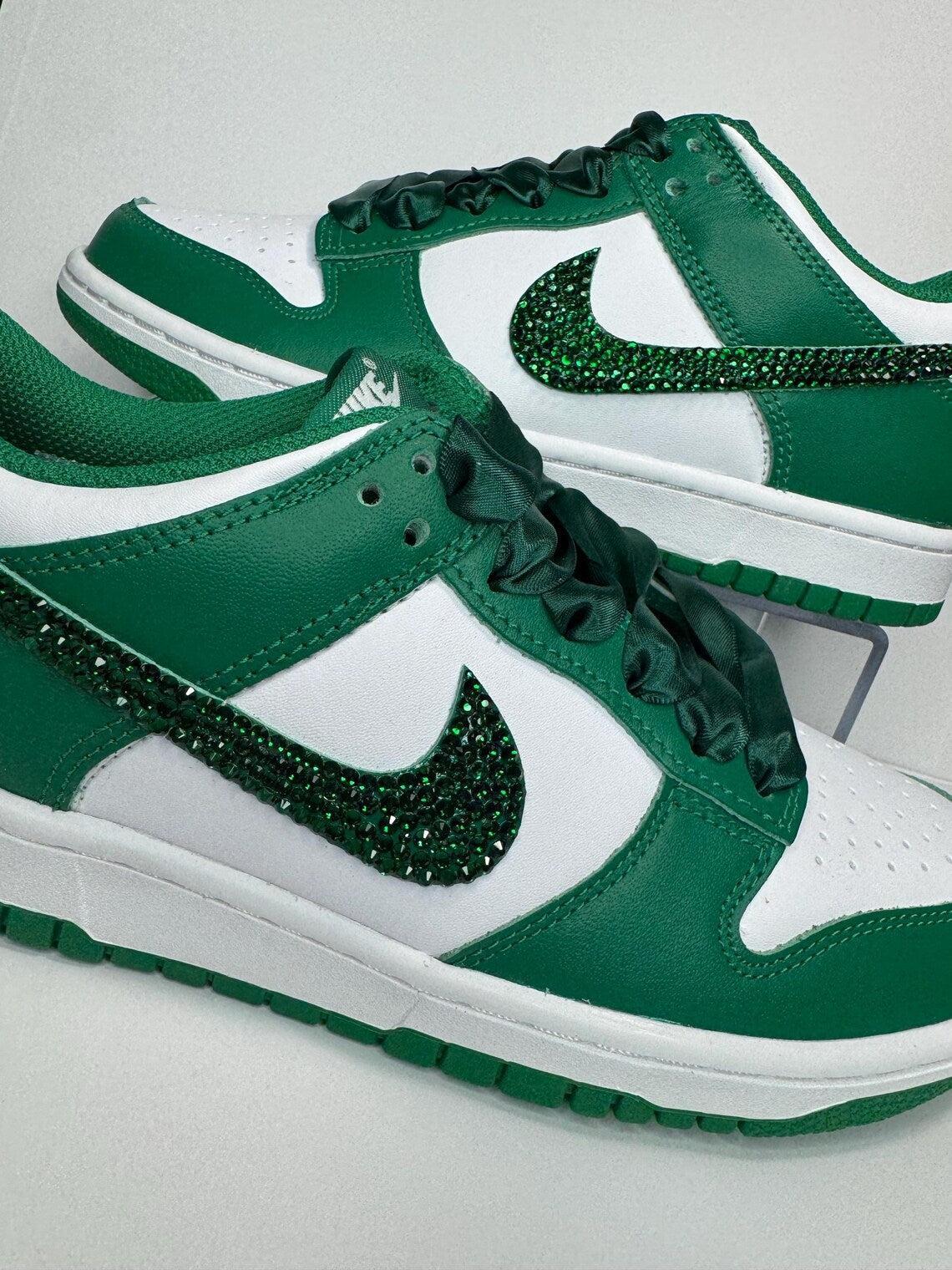 Custom Dunk White Green Rhinestones Satin Laces