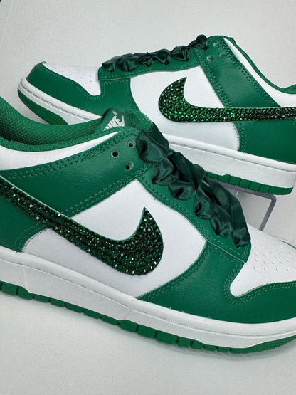 Custom Dunk White Green Rhinestones Satin Laces