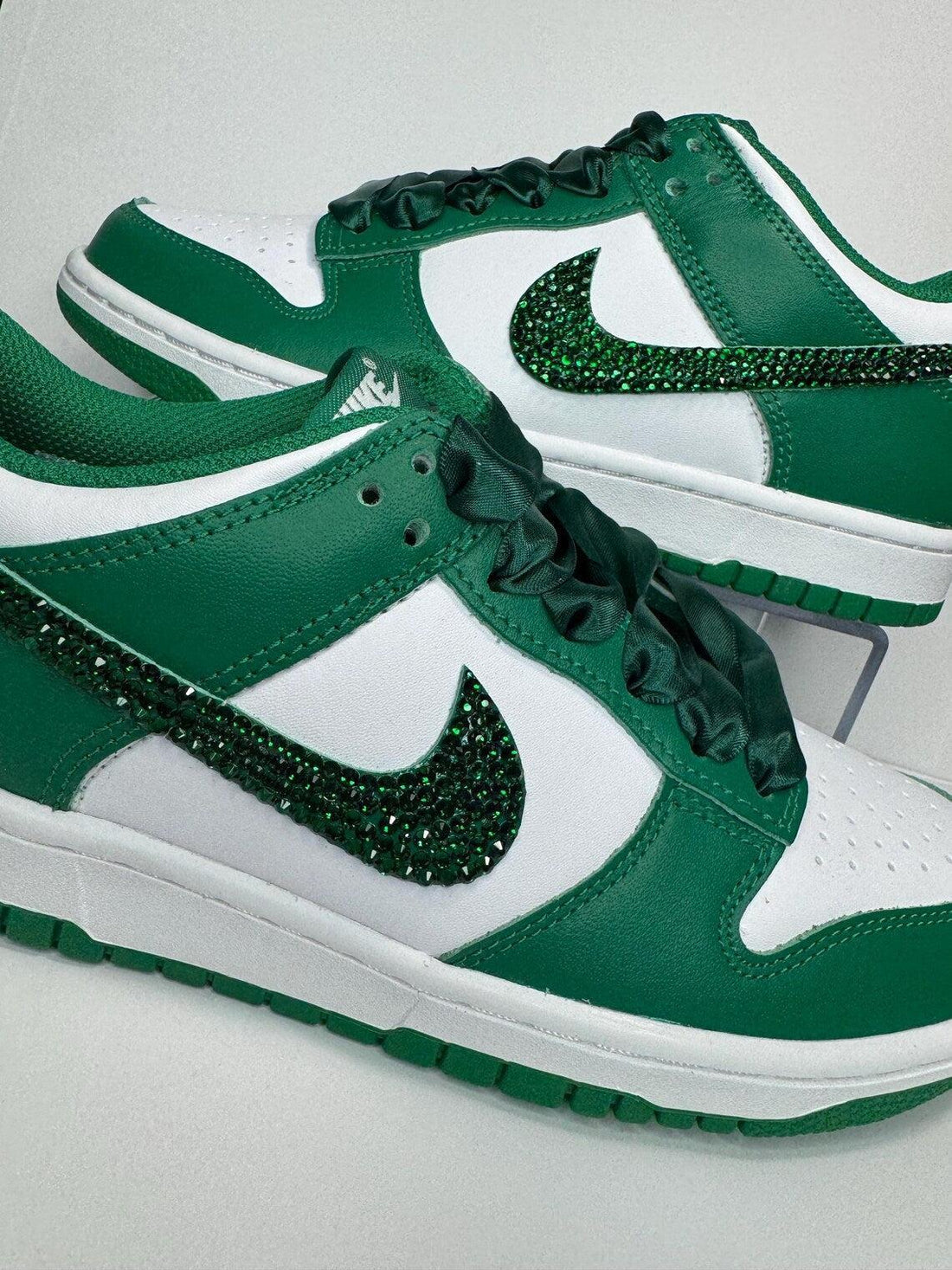 Custom Dunk White Green Rhinestones Satin Laces