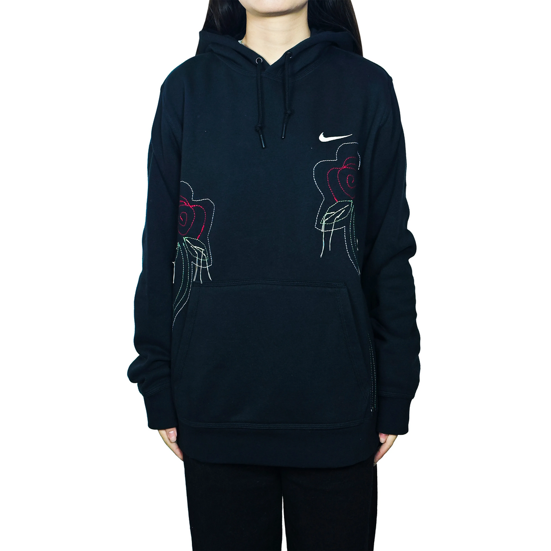 Custom Embroidery Nike Sweatshirt Black With Red Rose Patterns