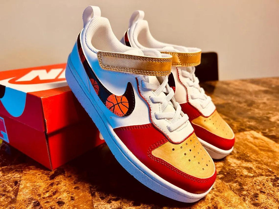 Custom Nike Court Borough White Red Gold With Basketball Swoosh