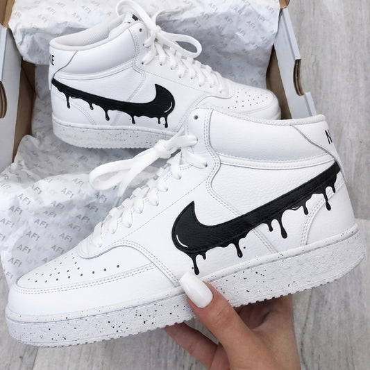 Custom Nike Court Shoes Dripping Black Swoosh White