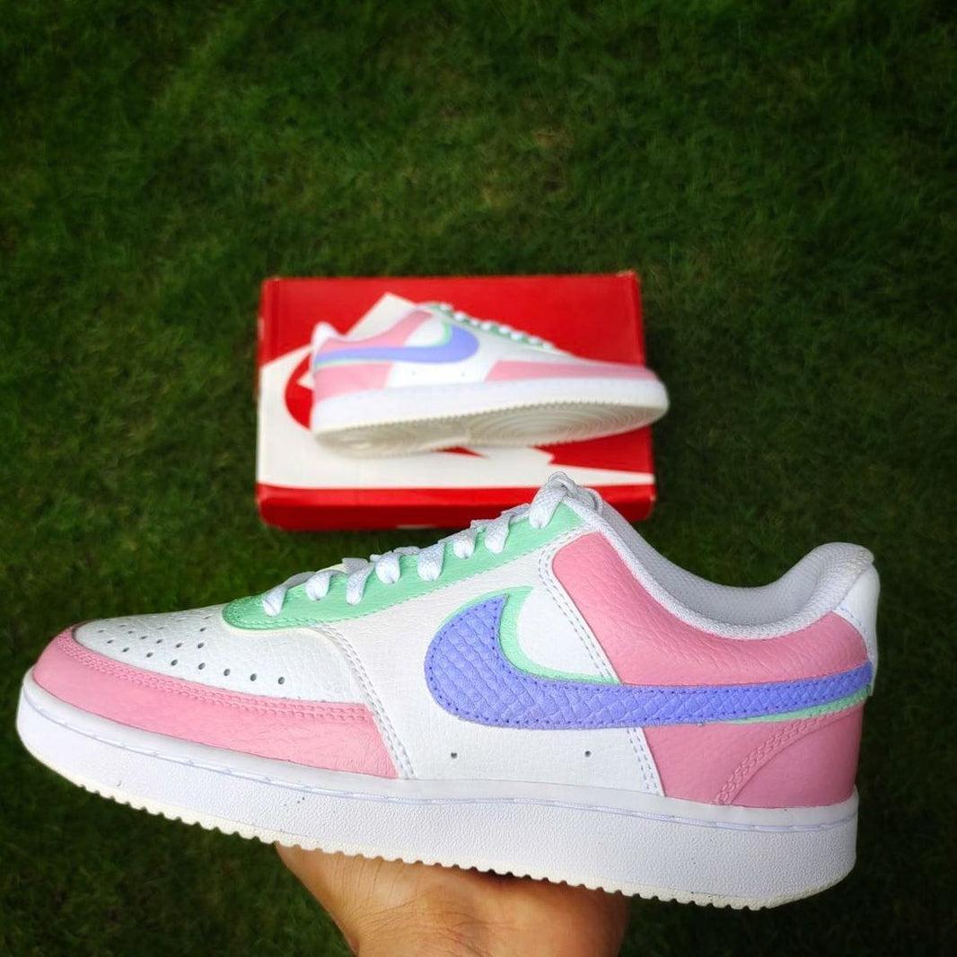 Custom Nike Court Vision Baby Pink White With Mint Green And Purple Pattern