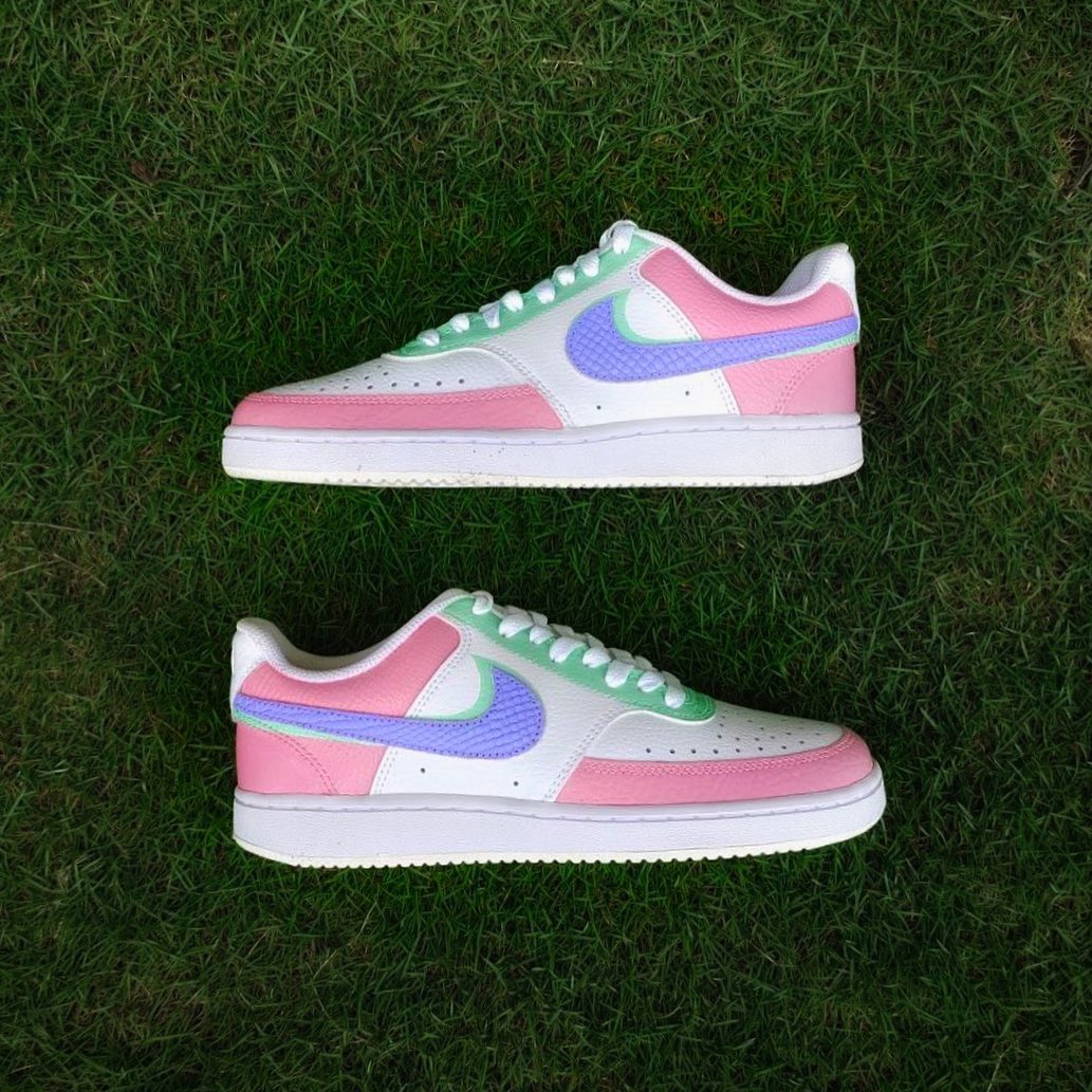 Custom Nike Court Vision Baby Pink White With Mint Green And Purple Pattern