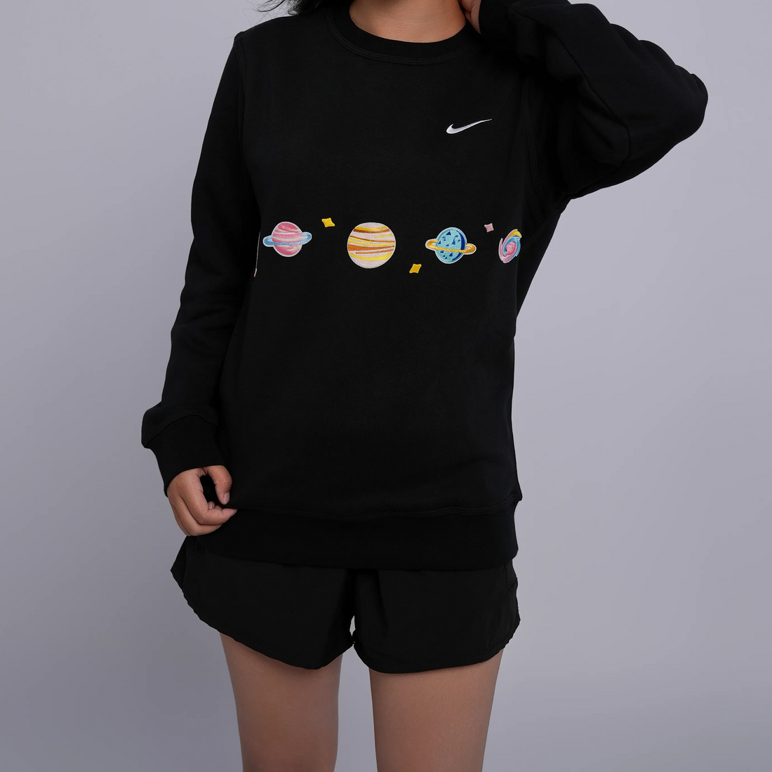 Custom Nike Sweatshirt Black Celestial Planets Pattern