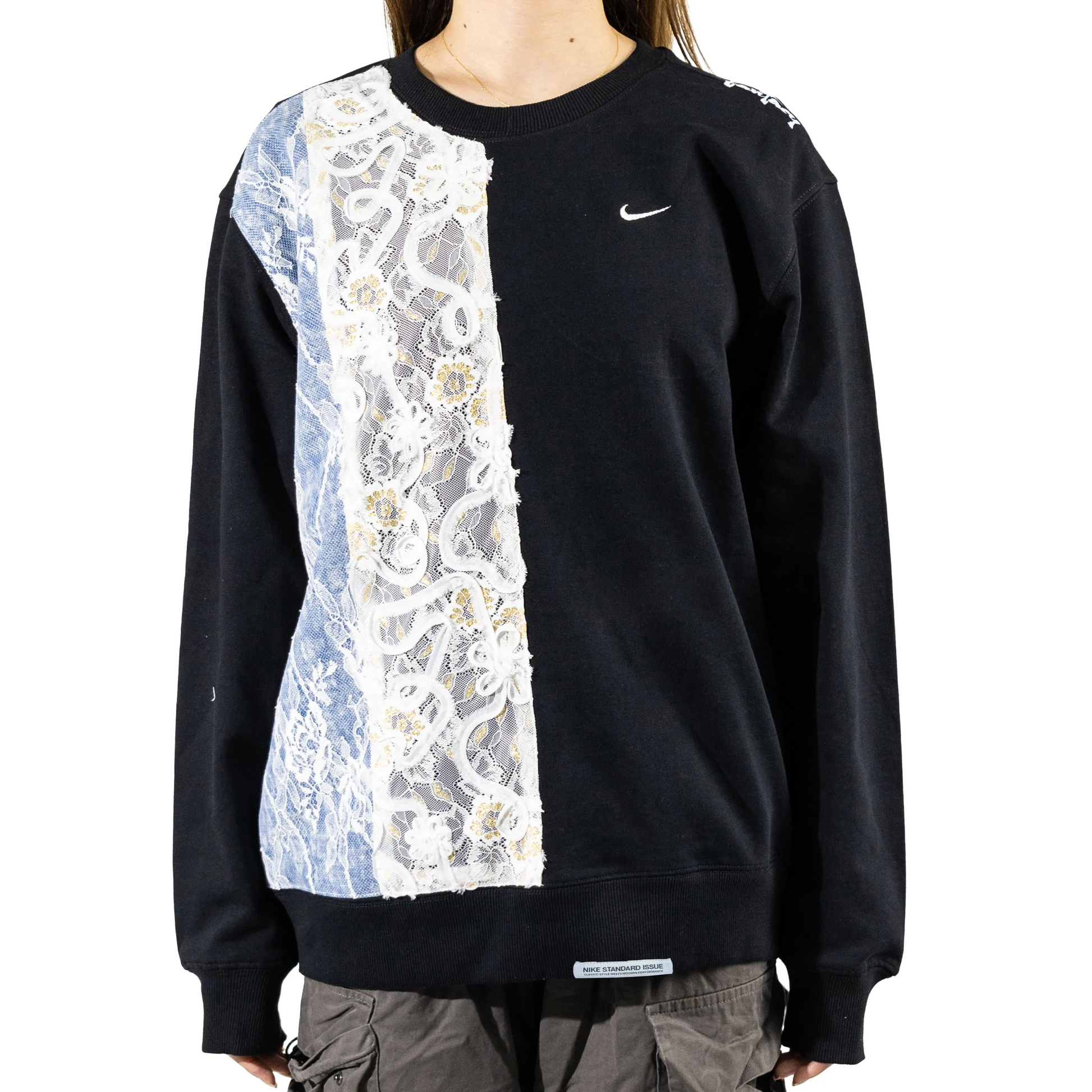 Custom Nike Sweatshirt With Floral Lace Panel Black