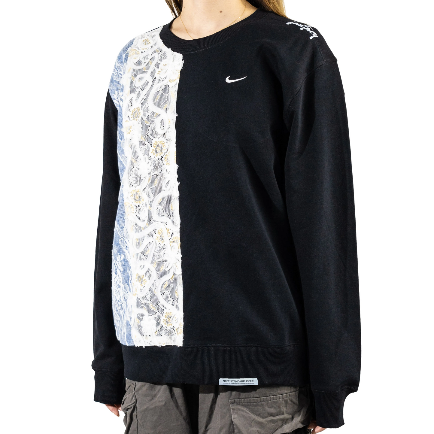 Custom Nike Sweatshirt With Floral Lace Panel Black