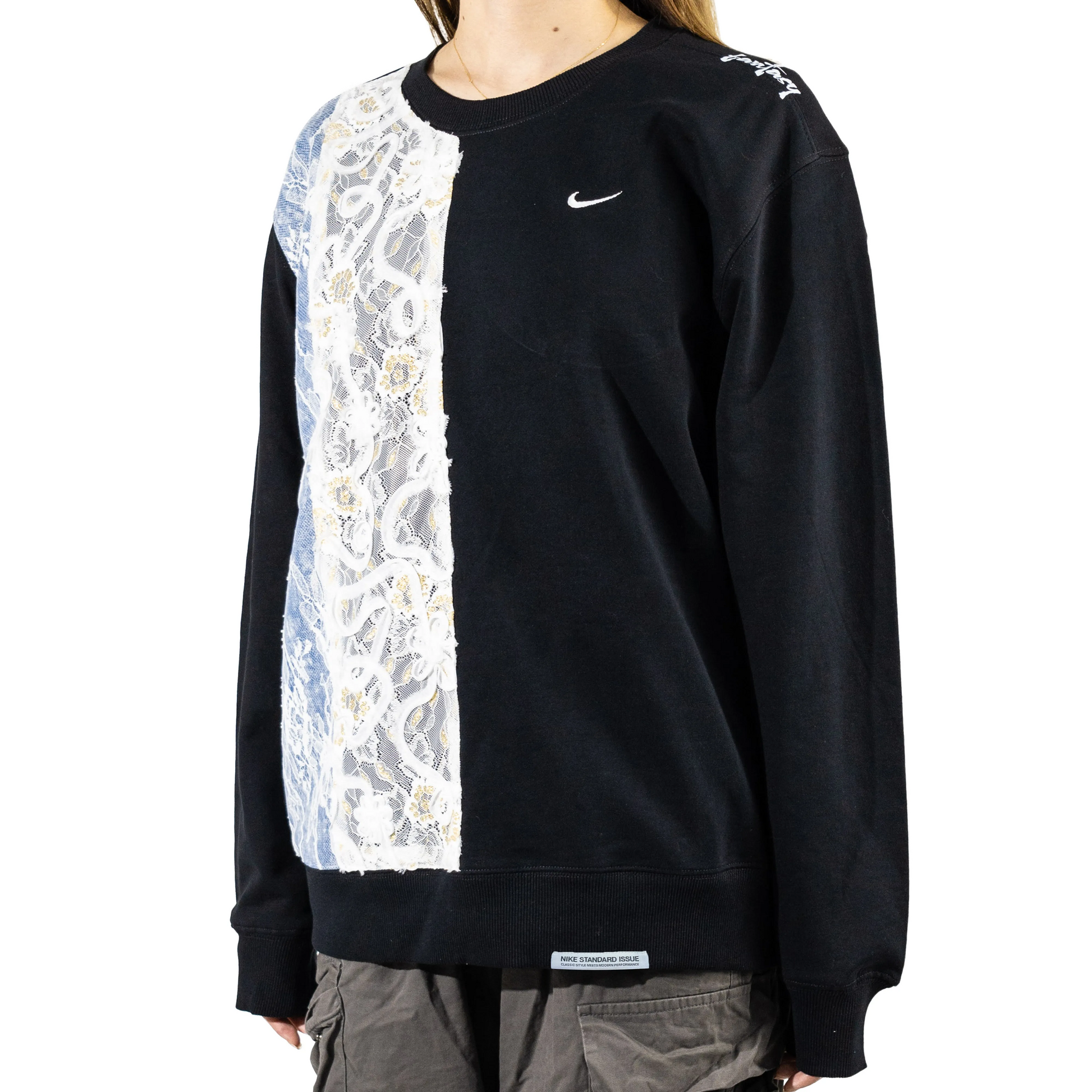 Custom Nike Sweatshirt With Floral Lace Panel Black