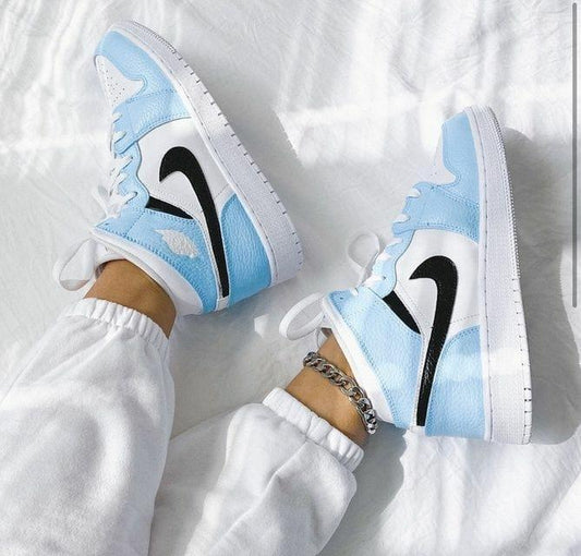 Custom Jordans Light Blue White Black Swoosh