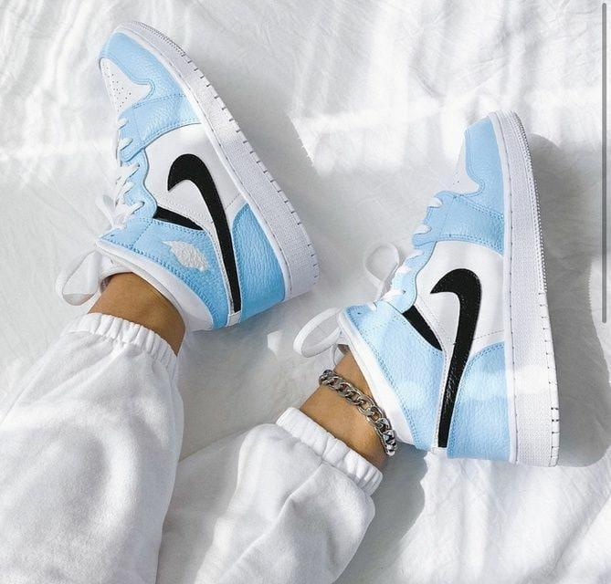 Custom Jordans Light Blue White Black Swoosh