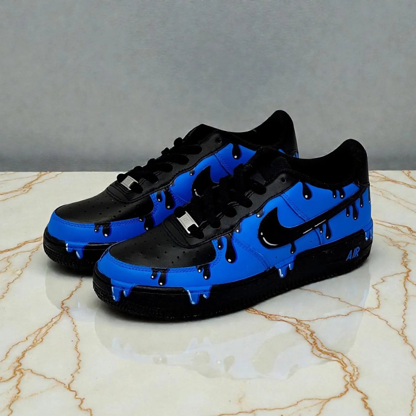 Custom Hand Painted Blue Black Drip Air Force 1 Sneakers