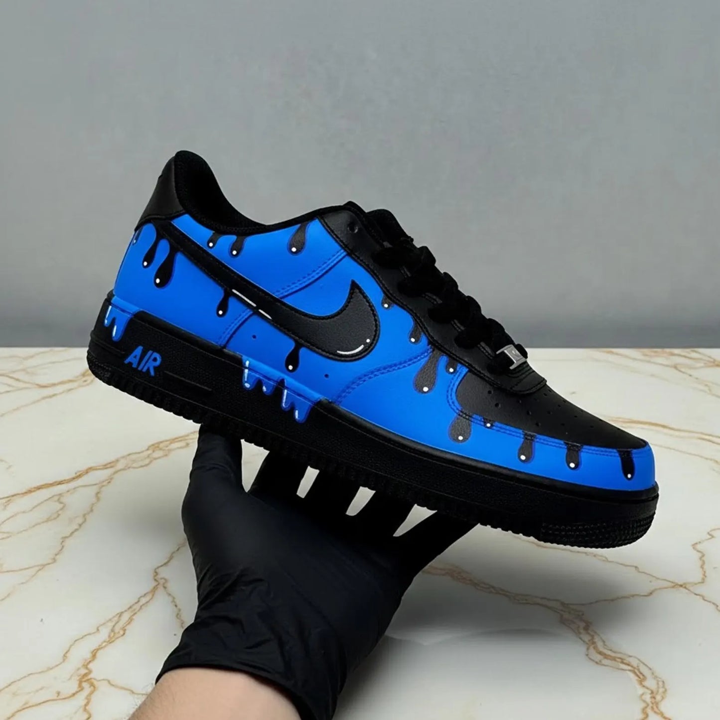 Custom Hand Painted Blue Black Drip Air Force 1 Sneakers
