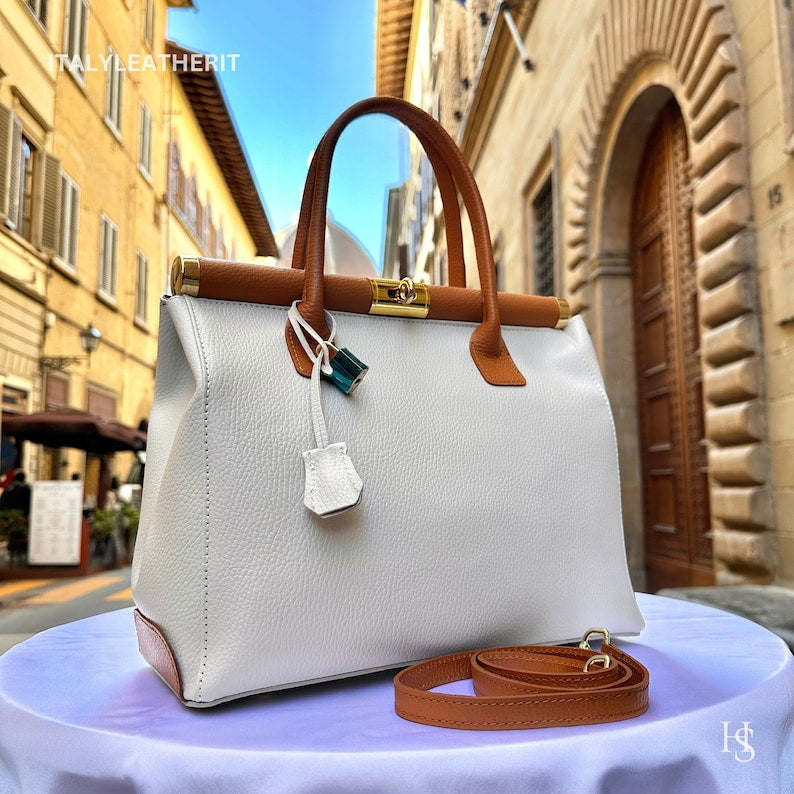 Product Title
Custom Air Force 1 Custom Sneakers Available | White & Tan Pebbled Italian Genuine Leather Women's Luxury Tote Bag Detachable Strap Commuter Handbag Crossbody Bag