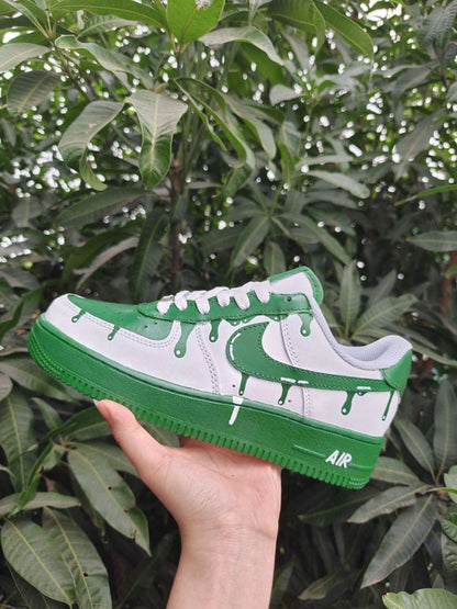 Unique Green Drip Hand-Painted White Custom Air Force 1 Custom Sneakers Unisex Casual Streetwear Fashion Comfortable Daily Shoes