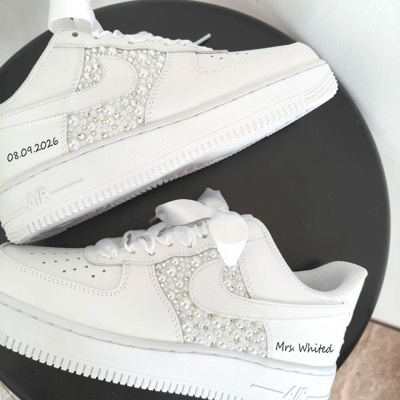 Product Title Personalized White Pearl & Rhinestone Embellished Bridal Wedding Custom Air Force 1, Satin Laces Custom Name & Date Custom Sneakers For Bride