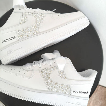 Product Title Personalized White Pearl & Rhinestone Embellished Bridal Wedding Custom Air Force 1, Satin Laces Custom Name & Date Custom Sneakers For Bride