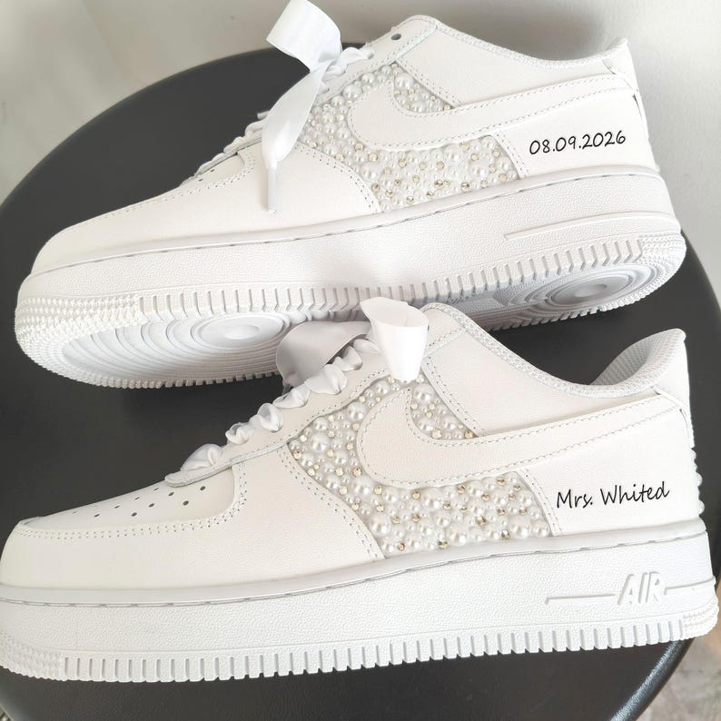 Product Title Personalized White Pearl & Rhinestone Embellished Bridal Wedding Custom Air Force 1, Satin Laces Custom Name & Date Custom Sneakers For Bride