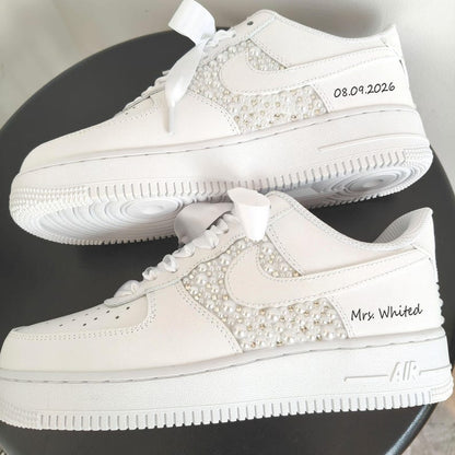 Product Title Personalized White Pearl & Rhinestone Embellished Bridal Wedding Custom Air Force 1, Satin Laces Custom Name & Date Custom Sneakers For Bride