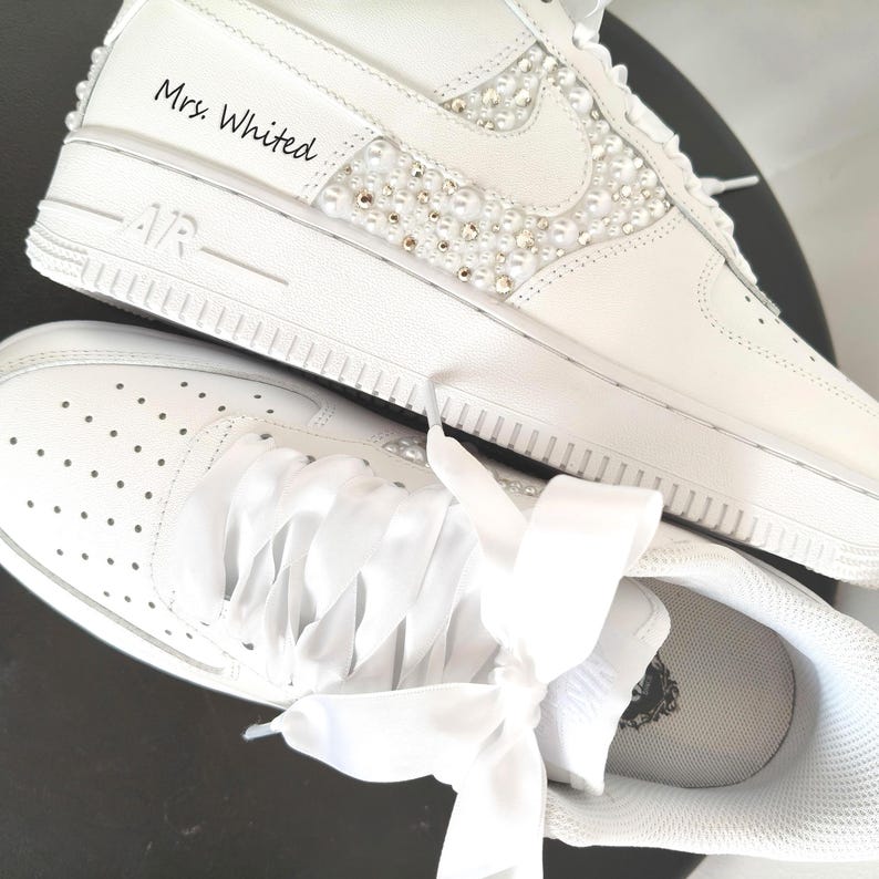 Product Title Personalized White Pearl & Rhinestone Embellished Bridal Wedding Custom Air Force 1, Satin Laces Custom Name & Date Custom Sneakers For Bride