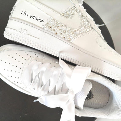 Product Title Personalized White Pearl & Rhinestone Embellished Bridal Wedding Custom Air Force 1, Satin Laces Custom Name & Date Custom Sneakers For Bride