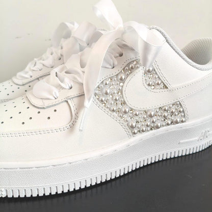 Product Title Personalized White Pearl & Rhinestone Embellished Bridal Wedding Custom Air Force 1, Satin Laces Custom Name & Date Custom Sneakers For Bride