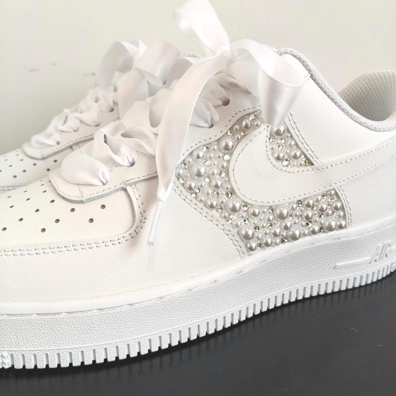 Personalized White Pearl & Rhinestone Embellished Bridal Wedding Custom Air Force 1, Satin Laces Custom Name & Date Custom Sneakers For Bride