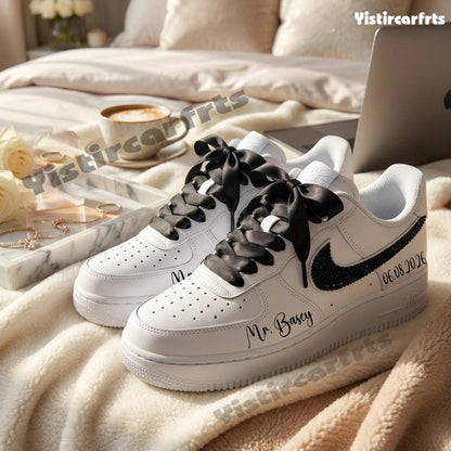 Custom Air Force 1 Handmade Personalized Wedding Shoes, Black Rhinestone Satin Bow Laces Custom Sneakers With Custom Name & Date For Bride Groom Wedding Gift