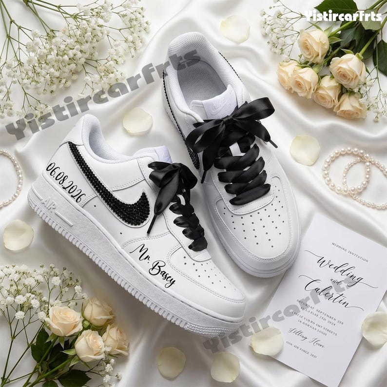 Custom Air Force 1 Handmade Personalized Wedding Shoes, Black Rhinestone Satin Bow Laces Custom Sneakers With Custom Name & Date For Bride Groom Wedding Gift