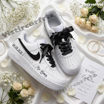 Custom Air Force 1 Handmade Personalized Wedding Shoes, Black Rhinestone Satin Bow Laces Custom Sneakers With Custom Name & Date For Bride Groom Wedding Gift