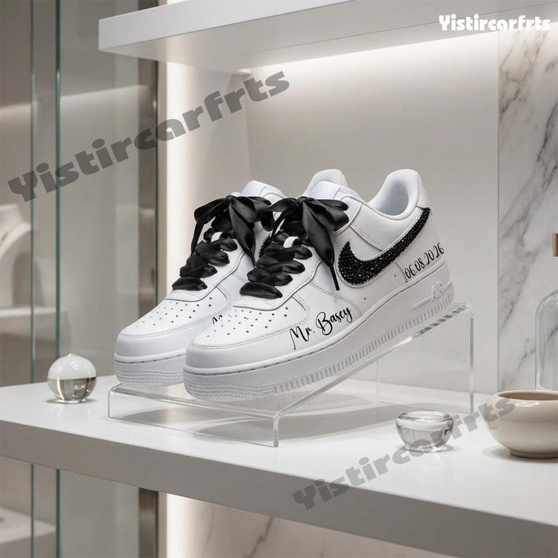 Custom Air Force 1 Handmade Personalized Wedding Shoes, Black Rhinestone Satin Bow Laces Custom Sneakers With Custom Name & Date For Bride Groom Wedding Gift