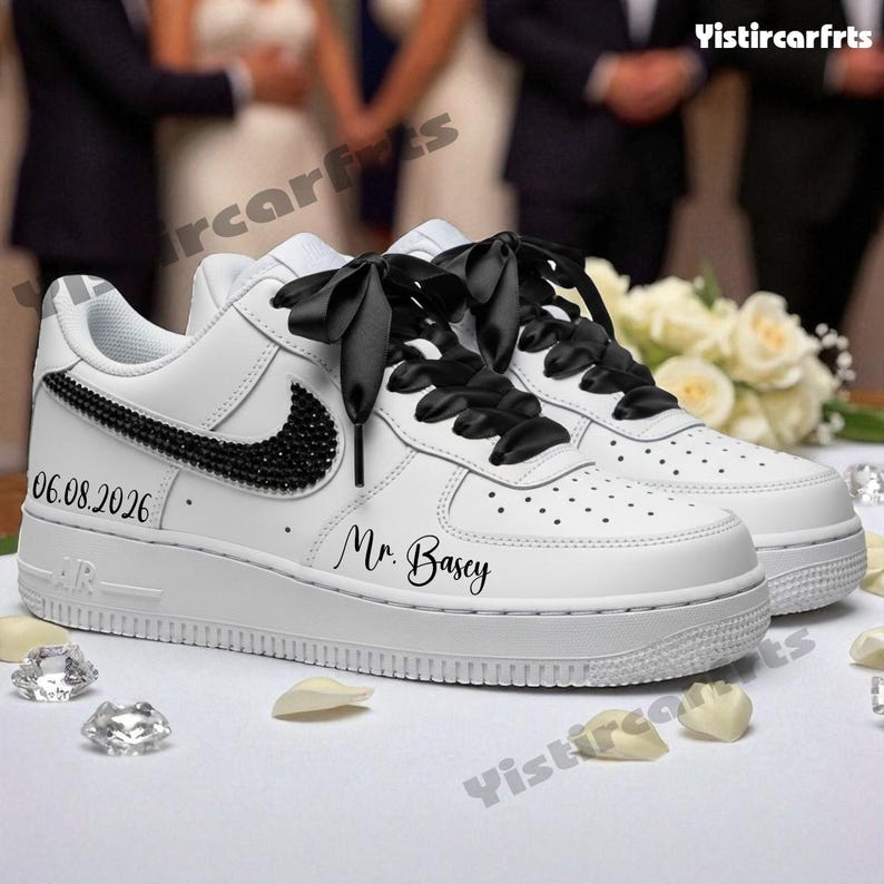 Custom Air Force 1 Handmade Personalized Wedding Shoes, Black Rhinestone Satin Bow Laces Custom Sneakers With Custom Name & Date For Bride Groom Wedding Gift