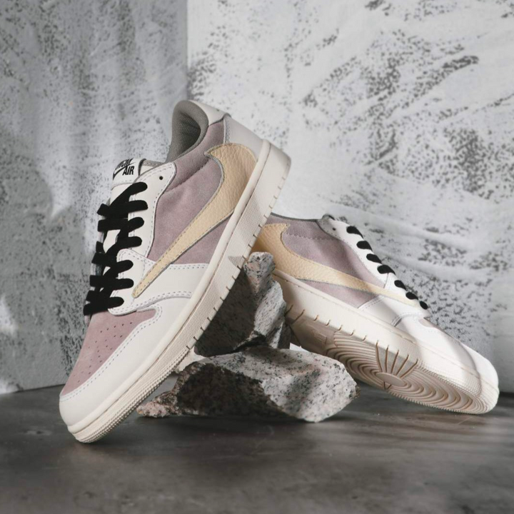 Custom Hand Painted Beige Grey Air Jordan 1 Low Sneakers