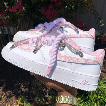 Custom Hand Painted Pink Rhinestone Air Force 1 Sneakers