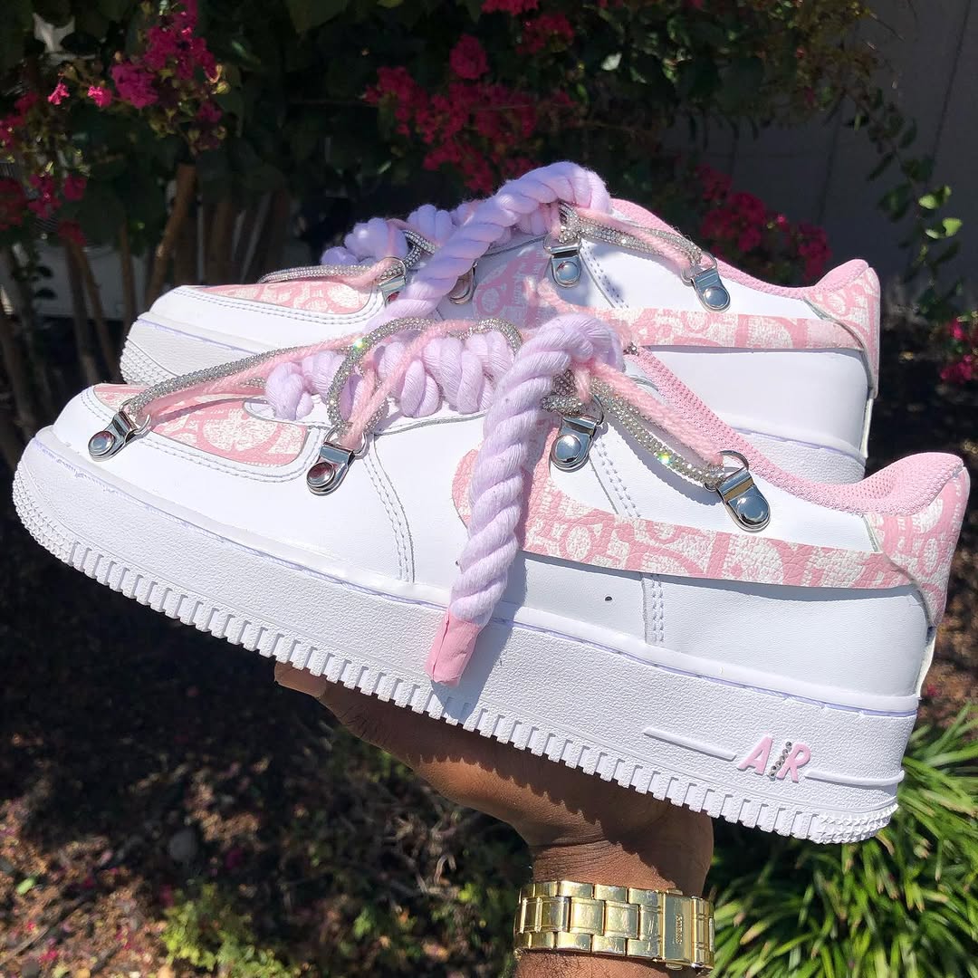 Custom Hand Painted Pink Rhinestone Air Force 1 Sneakers