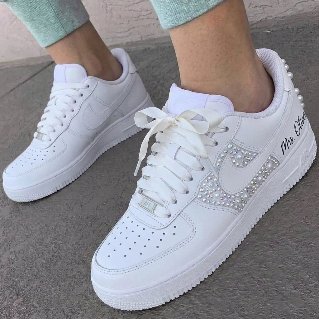 Personalized Custom AF 1s Weeding Shoes Pearl Rhinestone