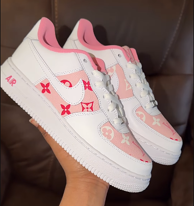 Custom Hand Painted White Pink LV Air Force 1 Sneakers