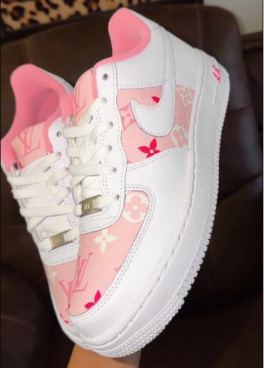 Custom Hand Painted White Pink LV Air Force 1 Sneakers