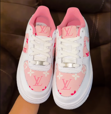 Custom Hand Painted White Pink LV Air Force 1 Sneakers