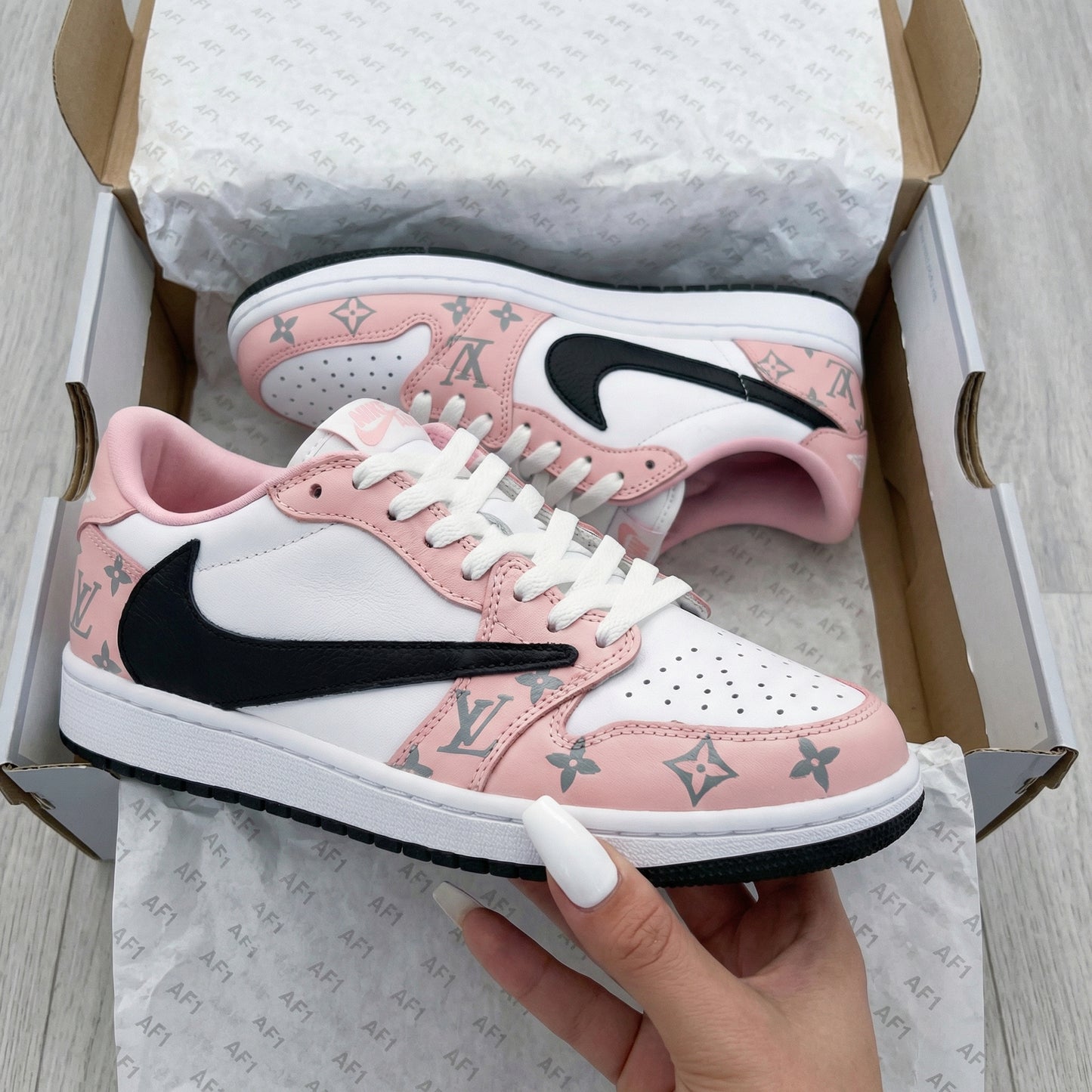 Travis Scott Custom AJ 1s Shoes LV Baby Pink White