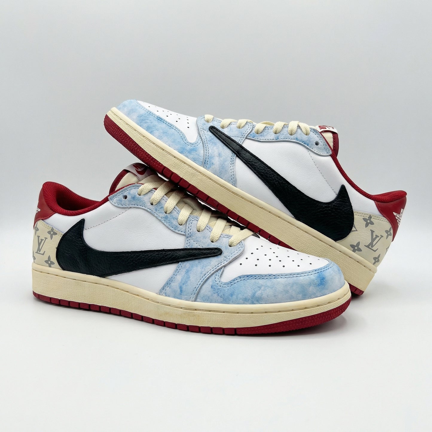 Travis Scott Custom AJ 1s Shoes LV Pattern Baby Blue Black Red