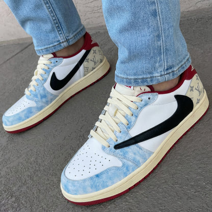 Travis Scott Custom AJ 1s Shoes LV Pattern Baby Blue Black Red