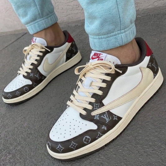 Travis Scott Custom AJ 1s Shoes LV Pattern Beige Brown Red