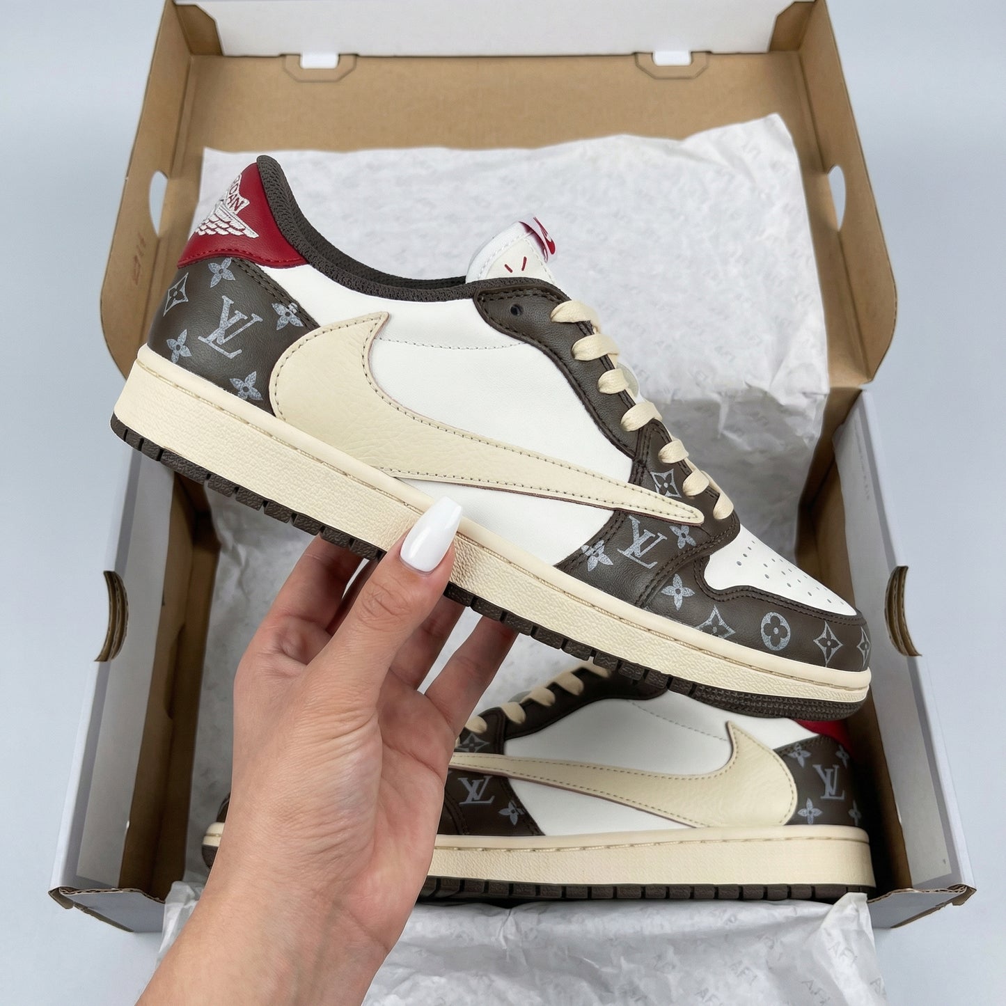 Travis Scott Custom AJ 1s Shoes LV Pattern Beige Brown Red