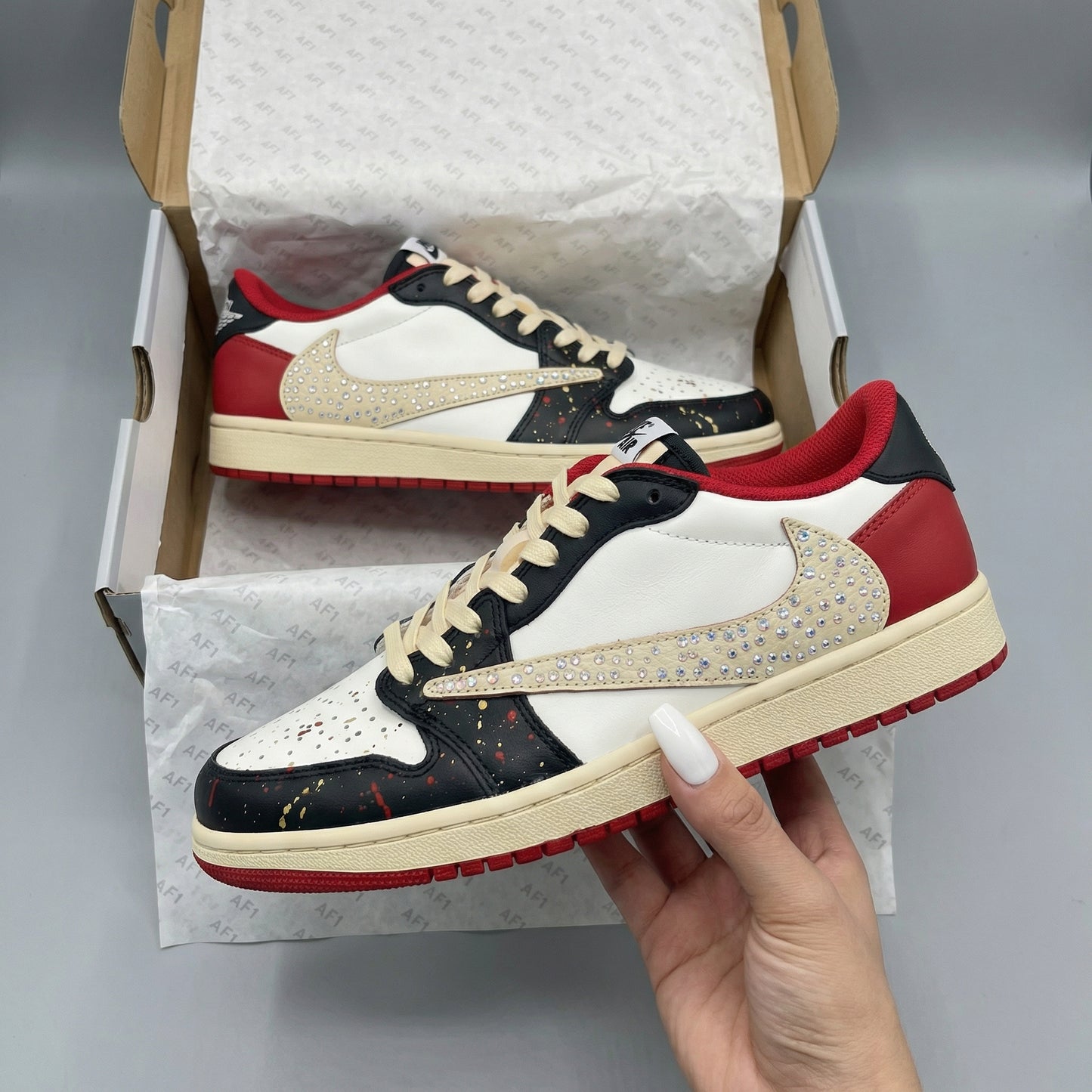 Travis Scott Custom AJ 1s Shoes Rhinestone Swoosh Cream Splatter Black Red