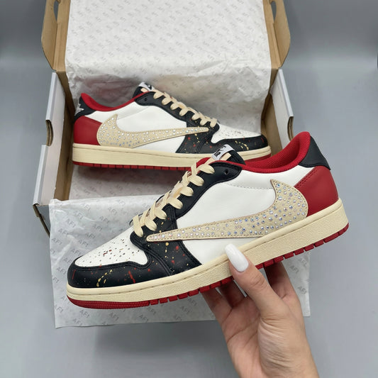 Travis Scott Custom AJ 1s Shoes Rhinestone Swoosh Cream Splatter Black Red