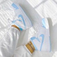 Custom Air Jordan 1 White Swoosh Baby Blue Sneakers