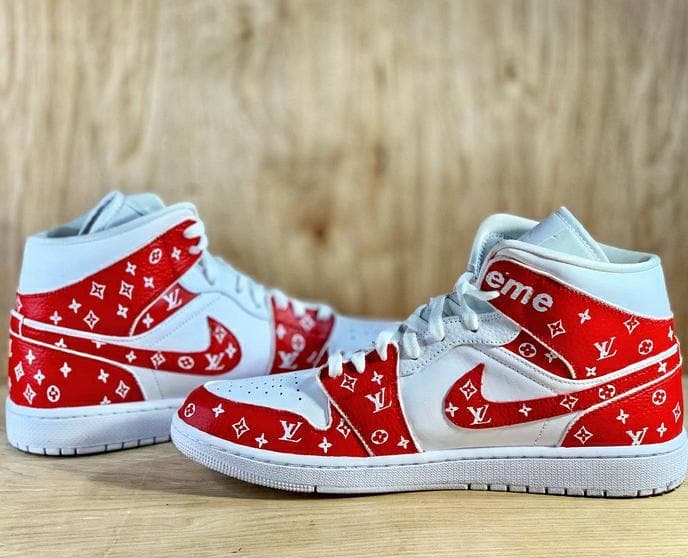 $7500 RED DENIM LV SUPREME JORDAN 1 ONLY 4 IN THE WORLD ONLY AT